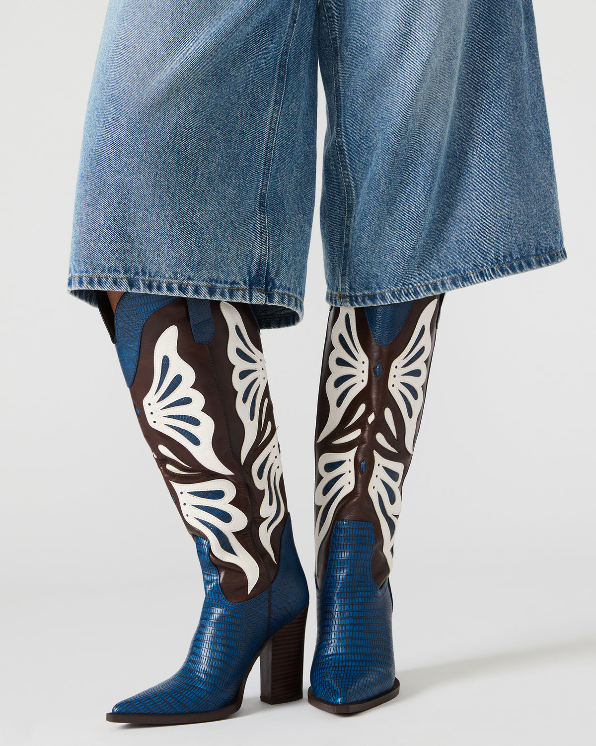KAZ Blue/White Pointed-Toe Knee-High Block Heel Western Women's Boot | Steve Madden