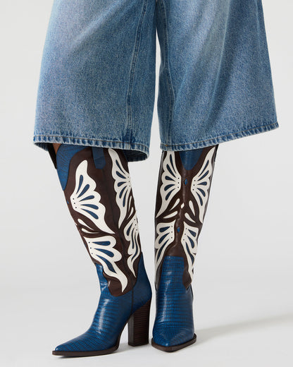 KAZ Blue/White Pointed-Toe Knee-High Block Heel Western Women's Boot | Steve Madden
