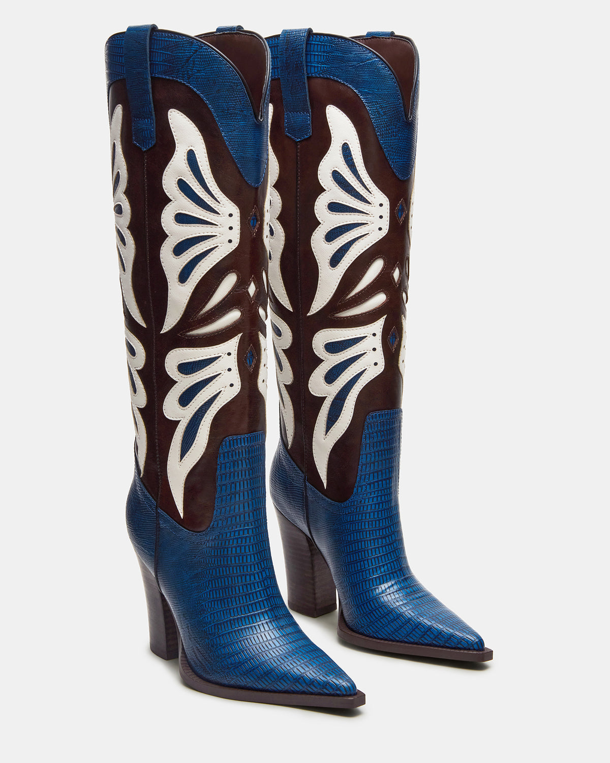 KAZ Blue/White Pointed-Toe Knee-High Block Heel Western Women's Boot | Steve Madden