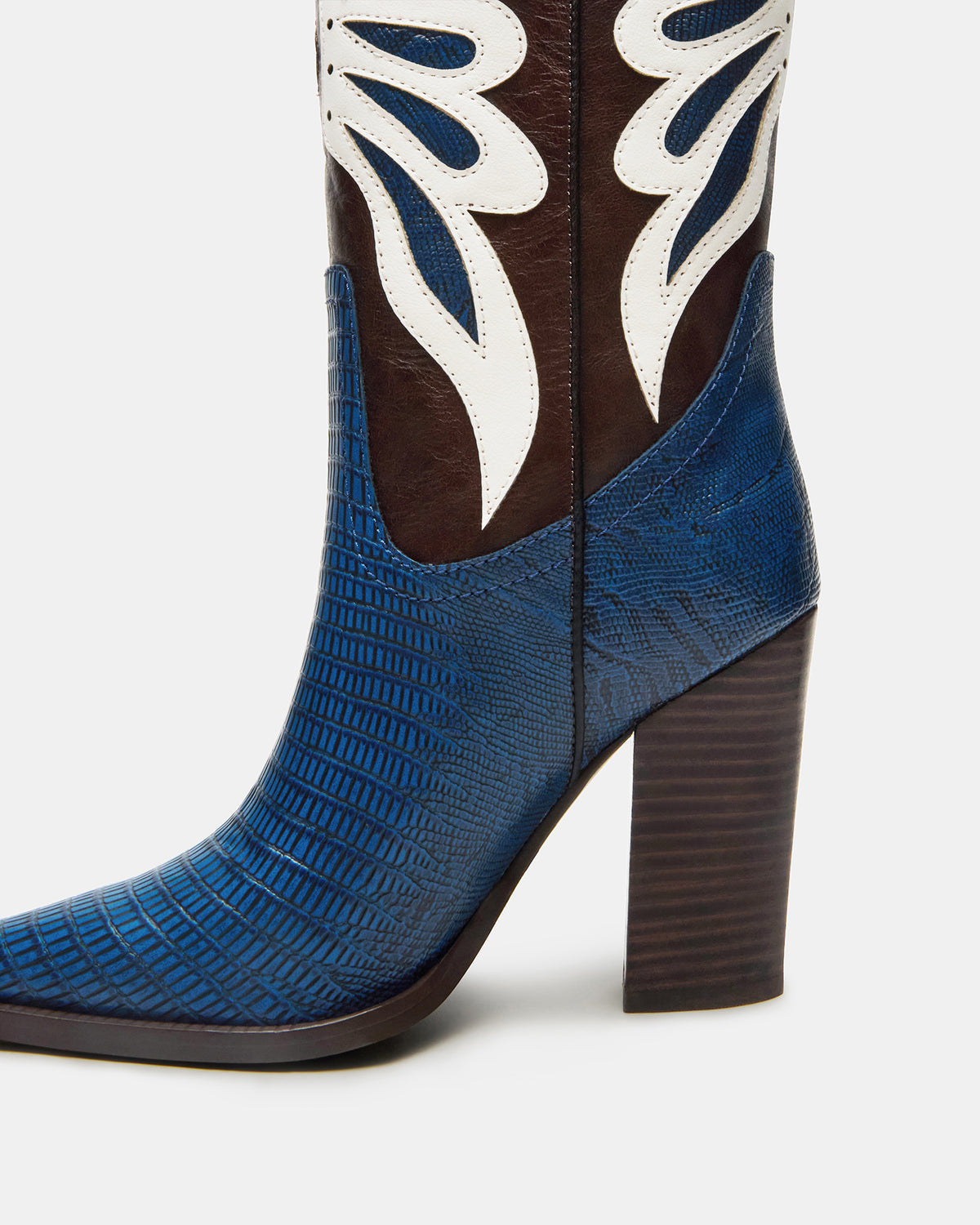 KAZ Blue/White Pointed-Toe Knee-High Block Heel Western Women's Boot | Steve Madden