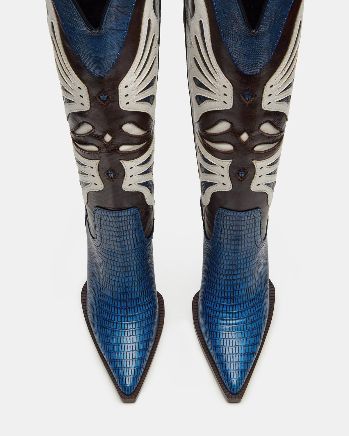 KAZ Blue/White Pointed-Toe Knee-High Block Heel Western Women's Boot | Steve Madden
