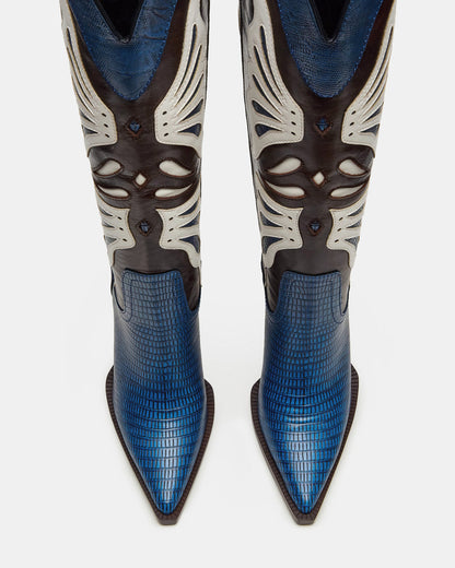 KAZ Blue/White Pointed-Toe Knee-High Block Heel Western Women's Boot | Steve Madden