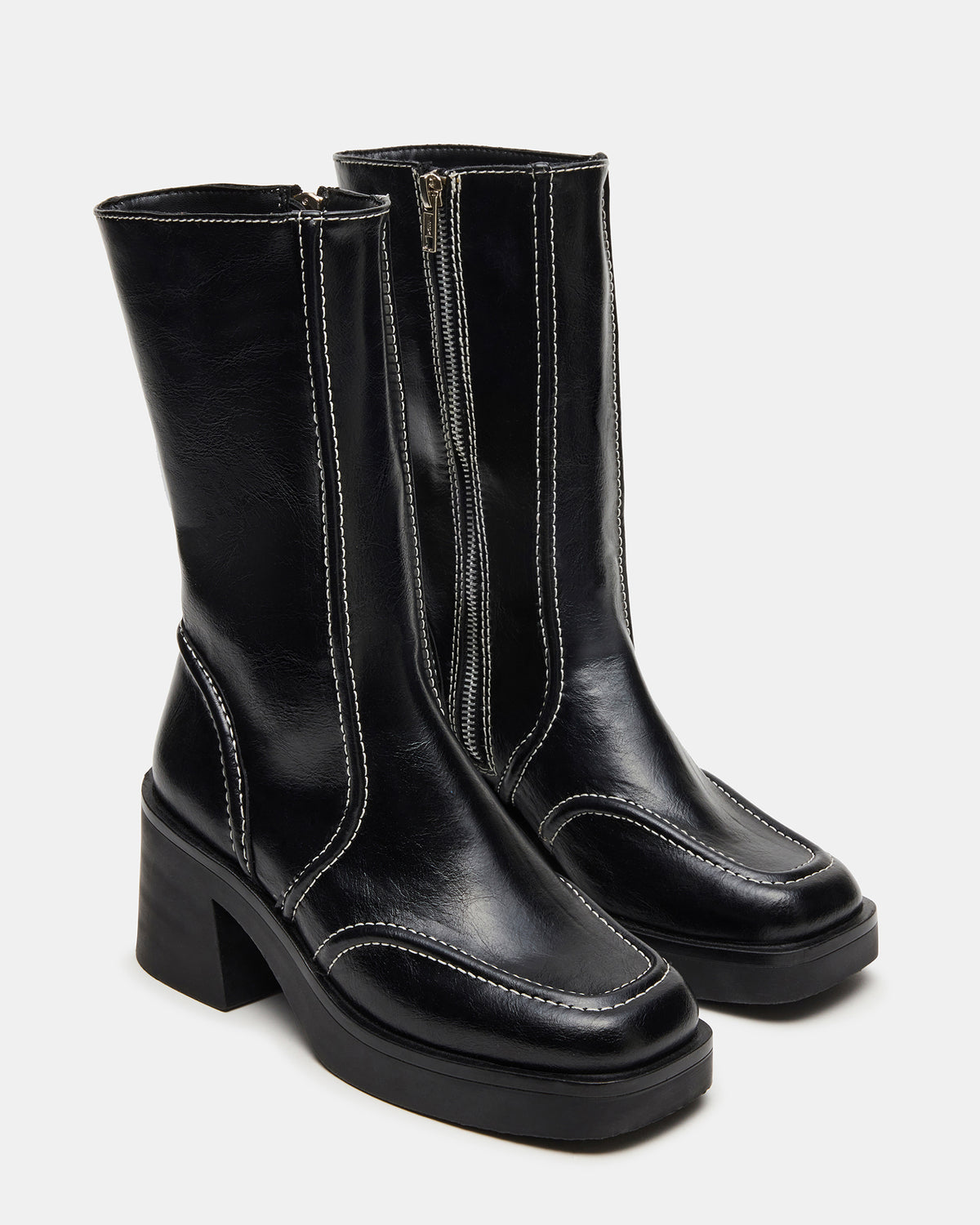 ALTER Black Patent Square-Toe Platform Block Heel Women's Ankle Boot | Steve Madden