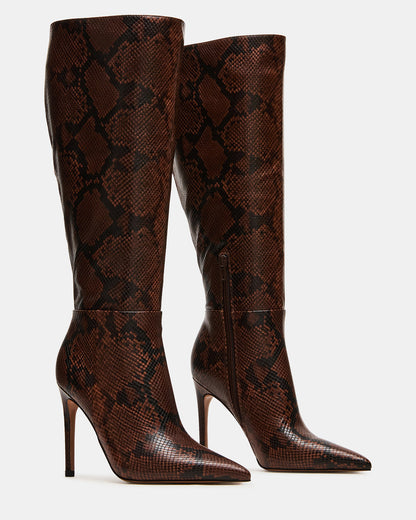 NITRO Brown Snake Wife Calf Pointed-Toe Stiletto Heel Knee-High Women's Boots | Steve Madden