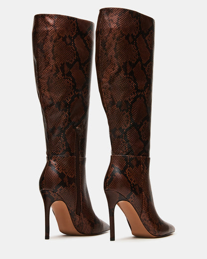 NITRO Brown Snake Wife Calf Pointed-Toe Stiletto Heel Knee-High Women's Boots | Steve Madden