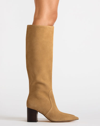 SKYLINE Taupe Suede Knee-High Pointed Toe Women's Boot | Steve Madden