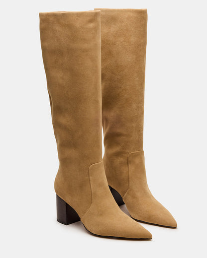 SKYLINE Taupe Suede Knee-High Pointed Toe Women's Boot | Steve Madden