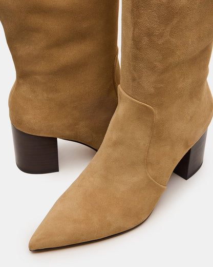 SKYLINE Taupe Suede Knee-High Pointed Toe Women's Boot | Steve Madden