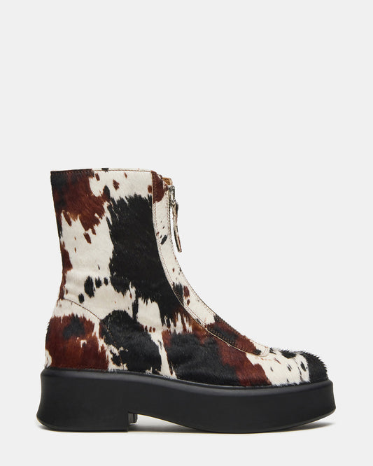 JONES Brown Cow Print Zipper Lug Women's Ankle Boot | Steve Madden