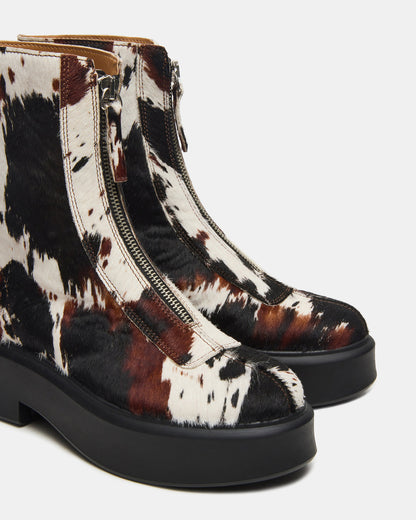 JONES Brown Cow Print Zipper Lug Women's Ankle Boot | Steve Madden