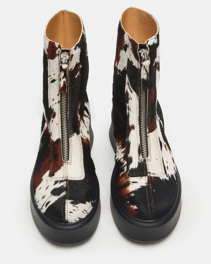 JONES Brown Cow Print Zipper Lug Women's Ankle Boot | Steve Madden