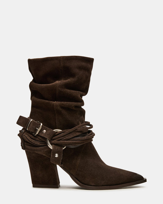 LAUPER Dark Taupe Suede Pointed-Toe Heeled Buckle Women's Ankle Boot | Steve Madden