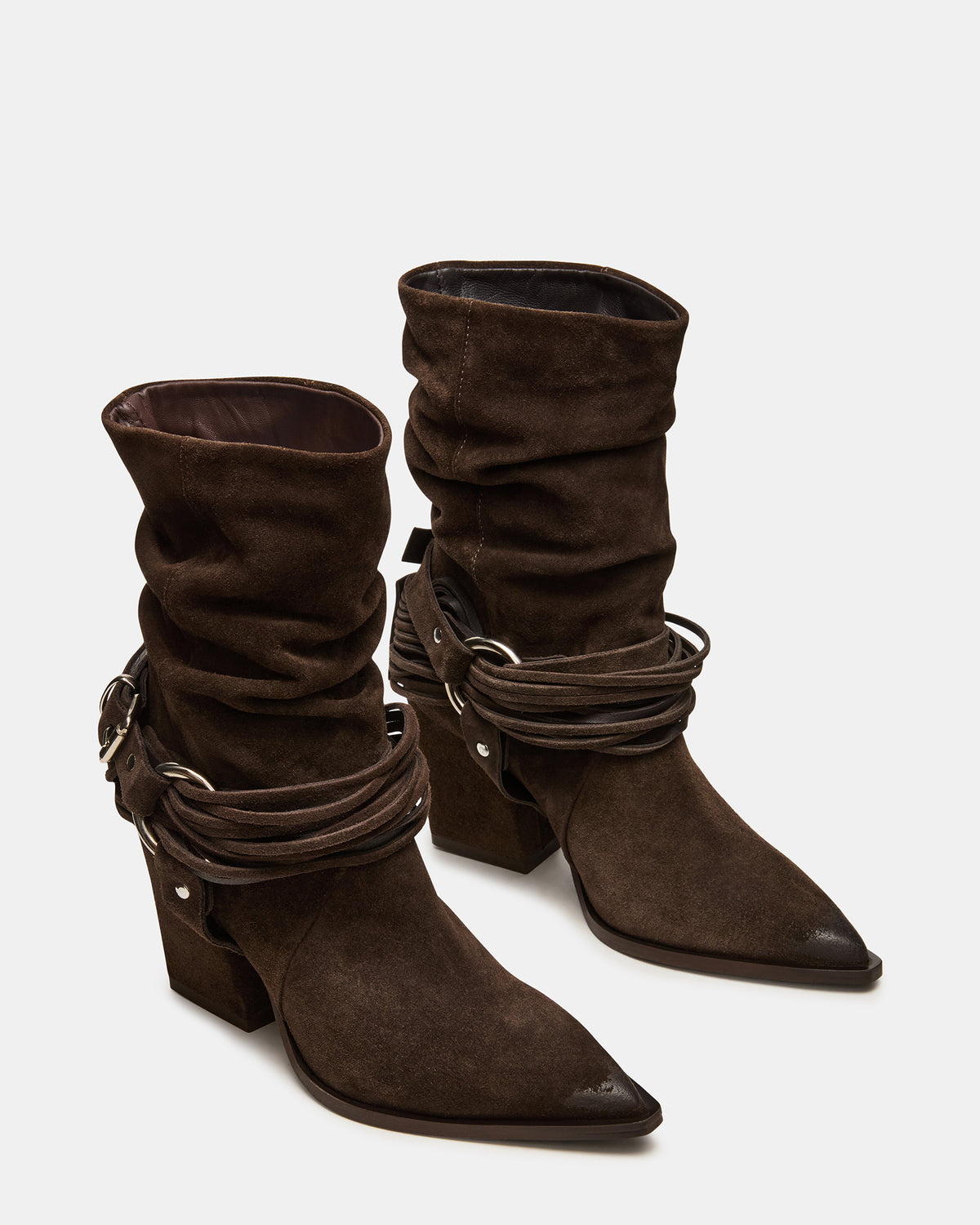 LAUPER Dark Taupe Suede Pointed-Toe Heeled Buckle Women's Ankle Boot | Steve Madden