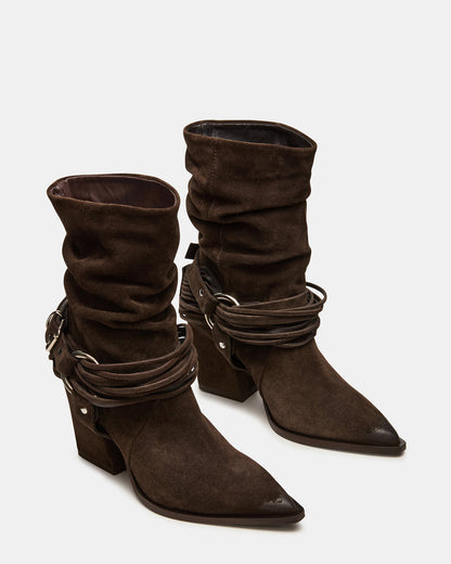 LAUPER Dark Taupe Suede Pointed-Toe Heeled Buckle Women's Ankle Boot | Steve Madden