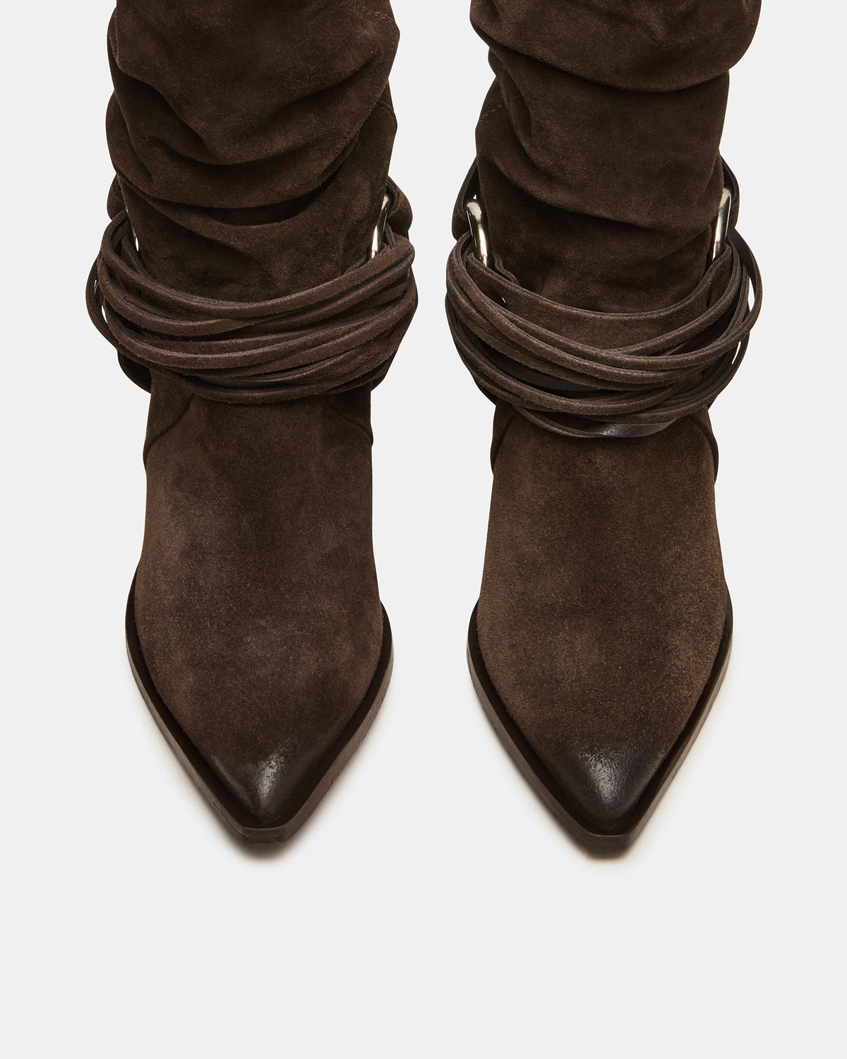 LAUPER Dark Taupe Suede Pointed-Toe Heeled Buckle Women's Ankle Boot | Steve Madden