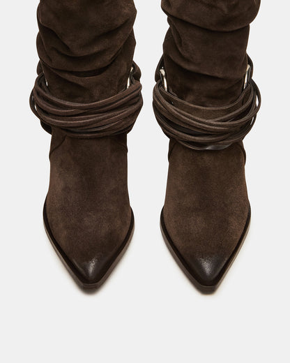 LAUPER Dark Taupe Suede Pointed-Toe Heeled Buckle Women's Ankle Boot | Steve Madden