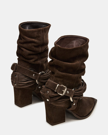 LAUPER Dark Taupe Suede Pointed-Toe Heeled Buckle Women's Ankle Boot | Steve Madden
