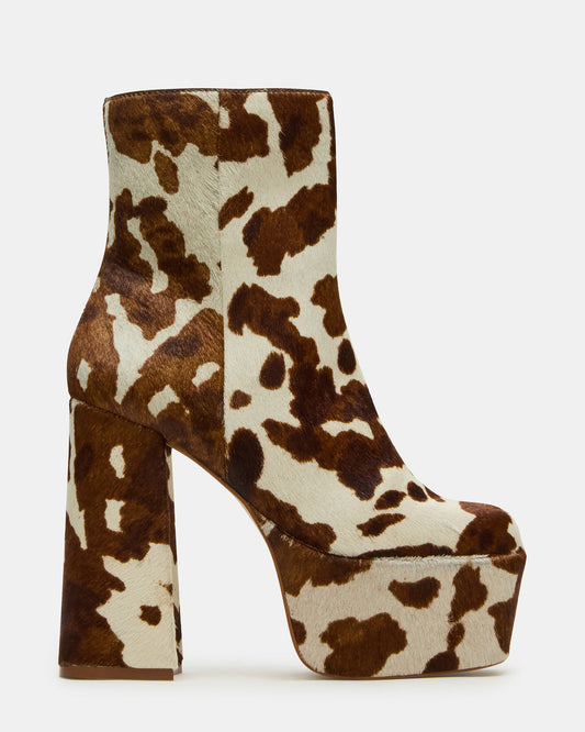 TRILLION Brown Cow Print Platform Square-Toe Block Heel Women's Ankle Boot | Steve Madden