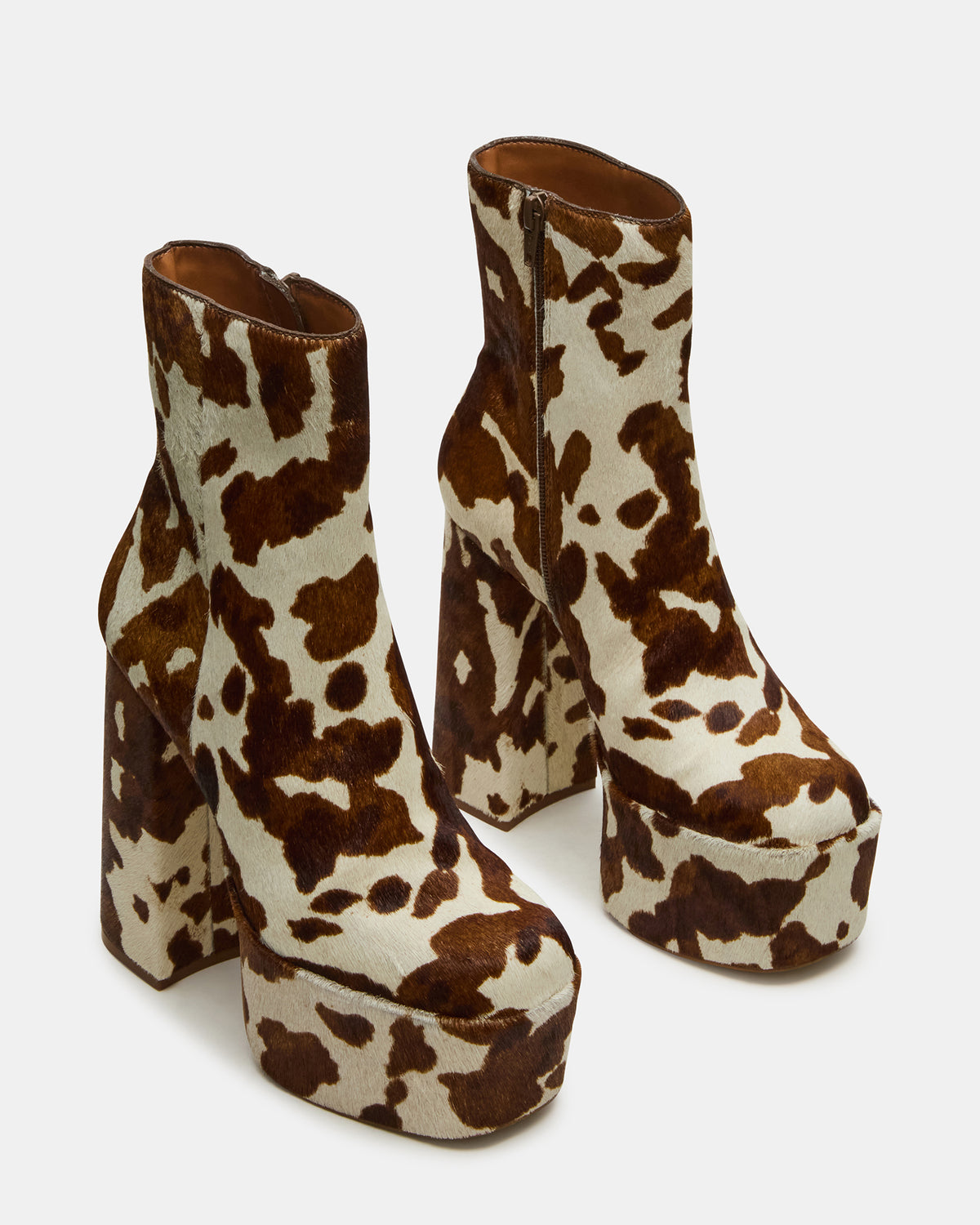 TRILLION Brown Cow Print Platform Square-Toe Block Heel Women's Ankle Boot | Steve Madden