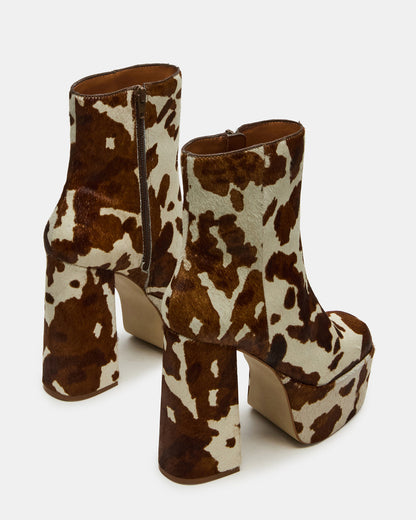 TRILLION Brown Cow Print Platform Square-Toe Block Heel Women's Ankle Boot | Steve Madden