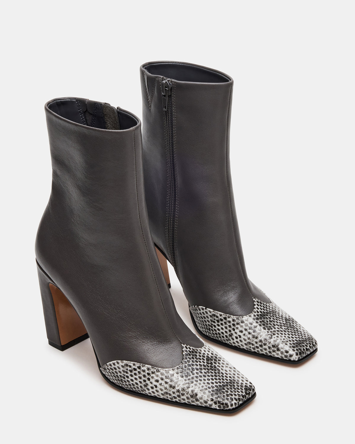 LYLE Grey Leather Square-Toe Heeled Women's Ankle Boot | Steve Madden