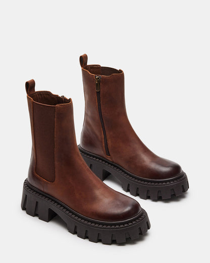 CHARGES Brown Distressed Platform Bootie | Women's Booties | Steve Madden