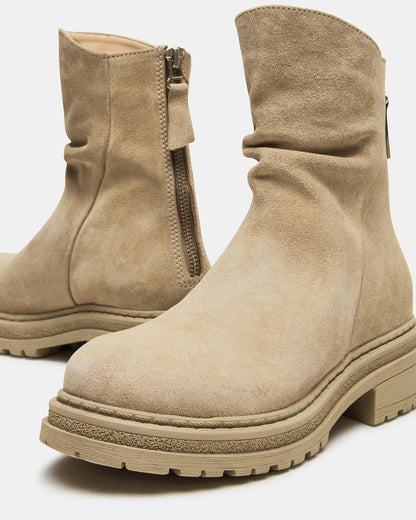 ESSENTIAL Taupe Suede Scrunched Ankle Boot | Women's Booties | Steve Madden