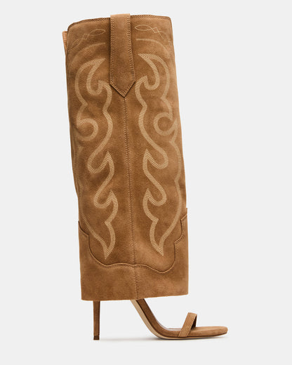 RAVINE Western Tan Suede Knee-High Cuffed Stiletto Heel Women's Boot | Steve Madden