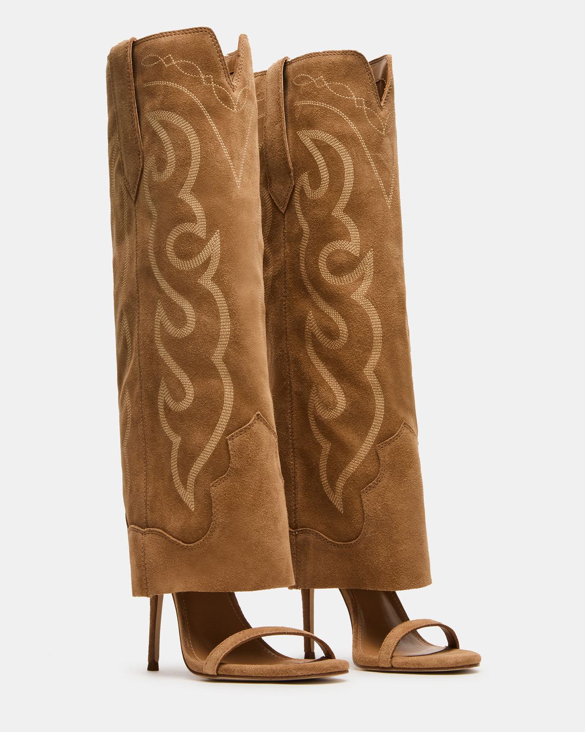 RAVINE Western Tan Suede Knee-High Cuffed Stiletto Heel Women's Boot | Steve Madden