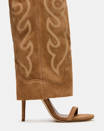 RAVINE Western Tan Suede Knee-High Cuffed Stiletto Heel Women's Boot | Steve Madden