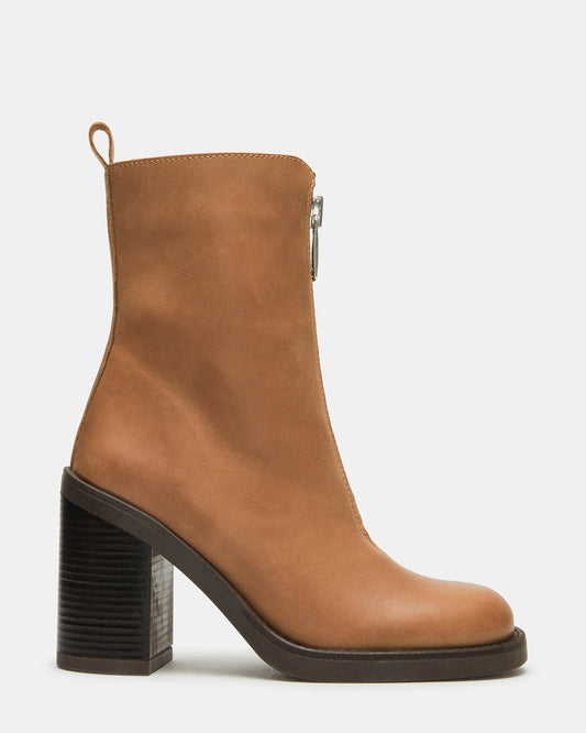 DECLAN Cognac Leather Block Heeled Ankle Boot | Women's Booties | Steve Madden