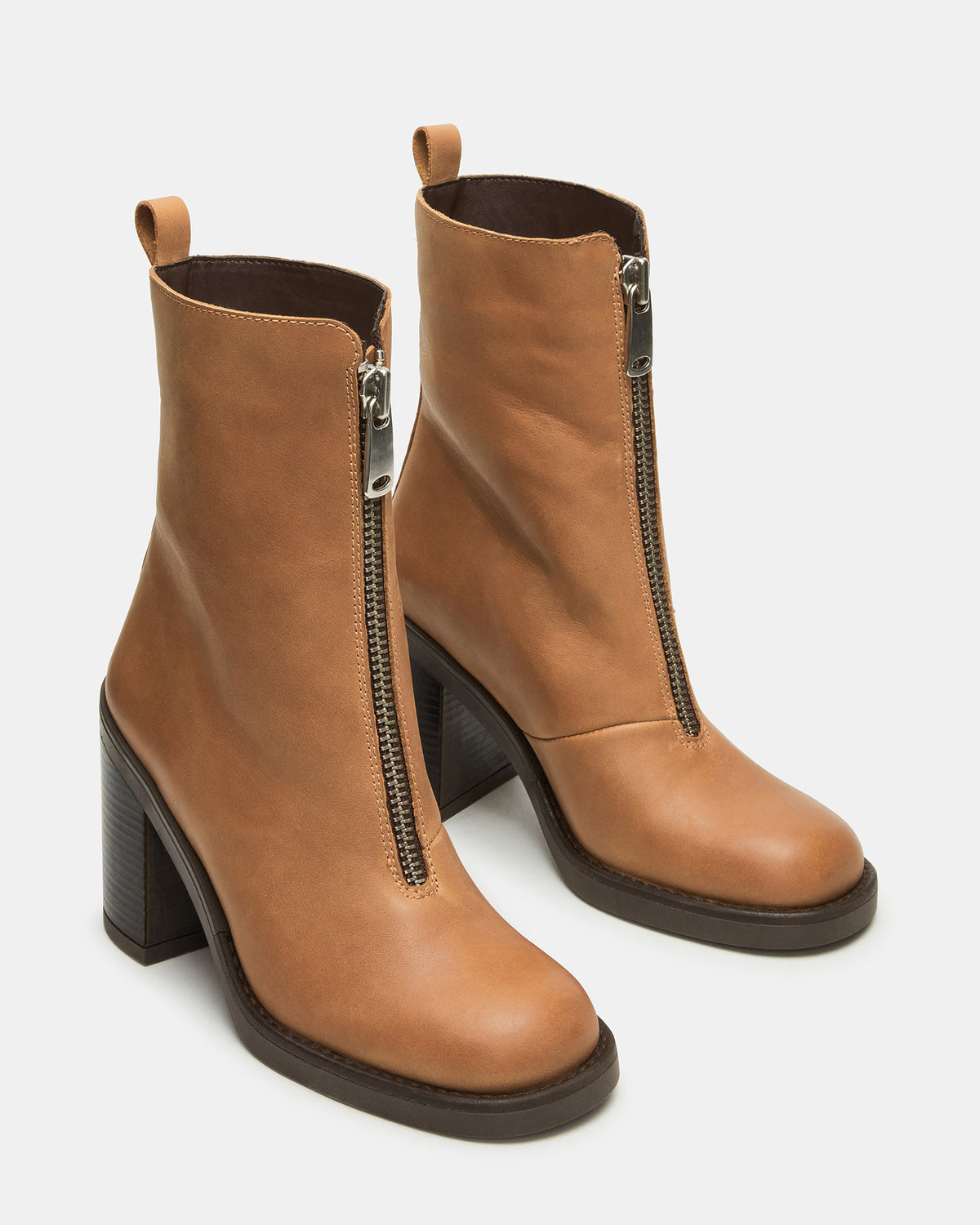 DECLAN Cognac Leather Block Heeled Ankle Boot | Women's Booties | Steve Madden
