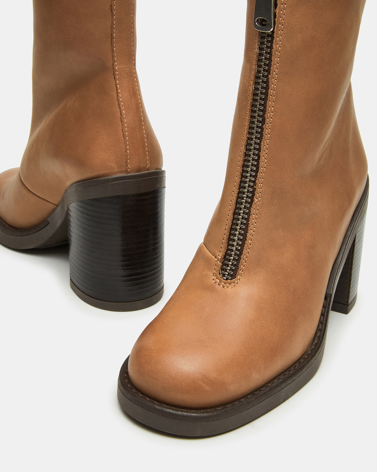 DECLAN Cognac Leather Block Heeled Ankle Boot | Women's Booties | Steve Madden