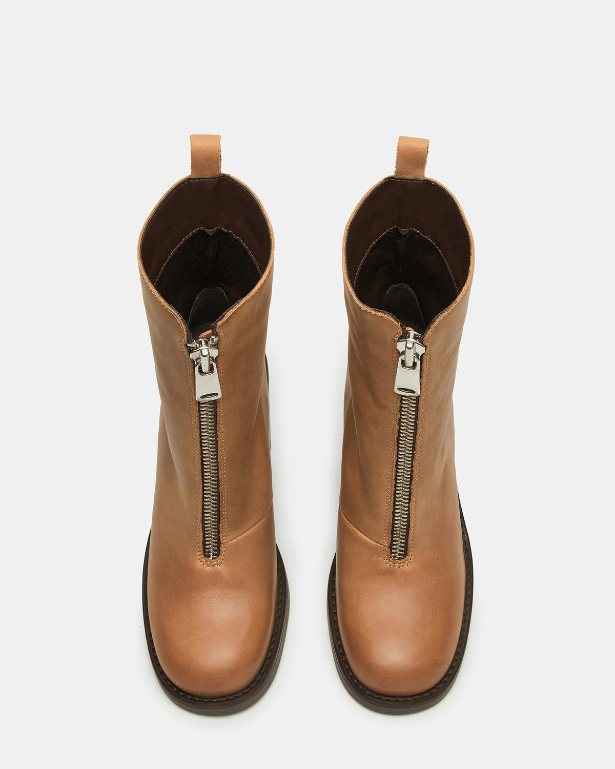 DECLAN Cognac Leather Block Heeled Ankle Boot | Women's Booties | Steve Madden
