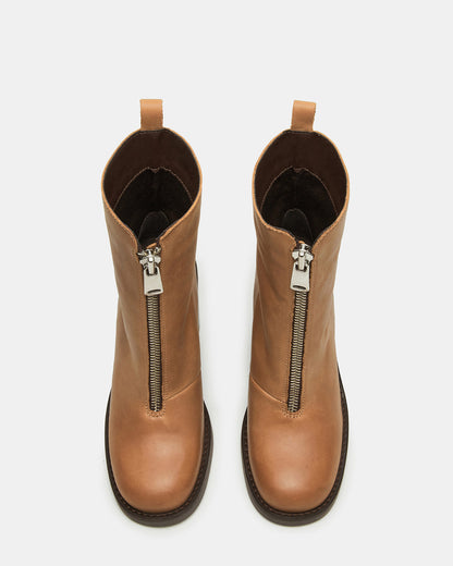 DECLAN Cognac Leather Block Heeled Ankle Boot | Women's Booties | Steve Madden