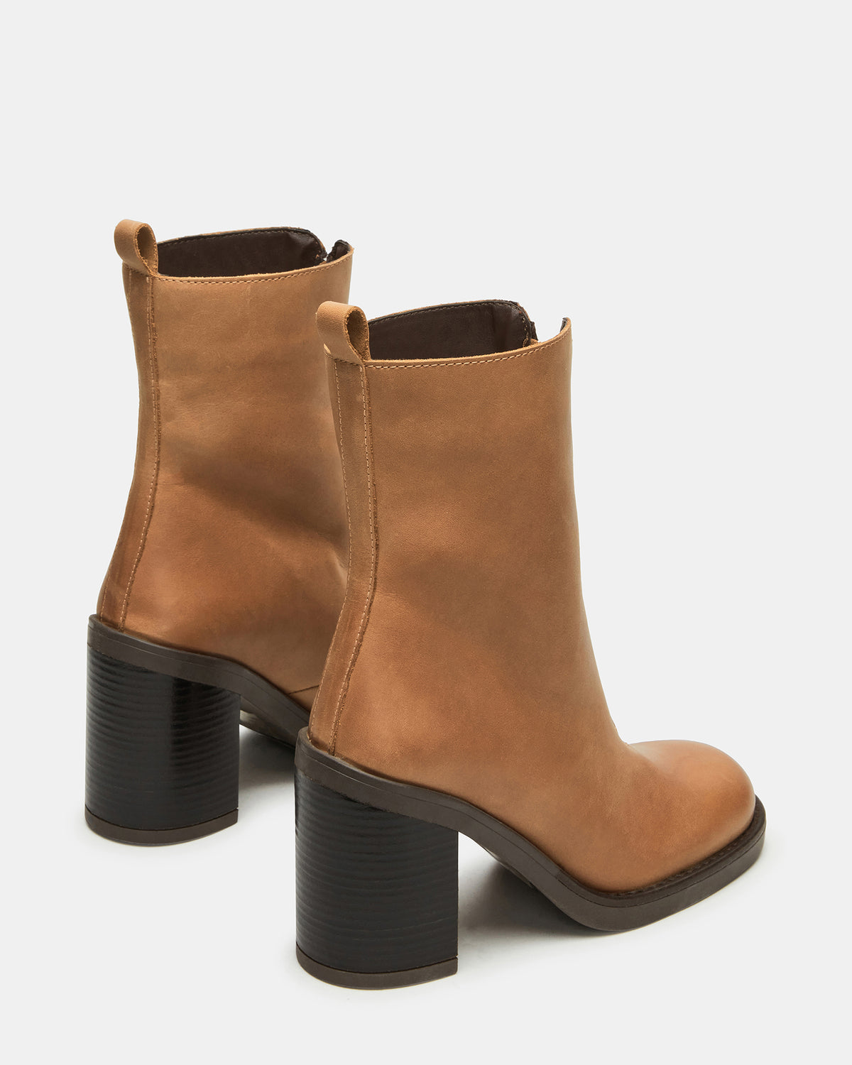 DECLAN Cognac Leather Block Heeled Ankle Boot | Women's Booties | Steve Madden