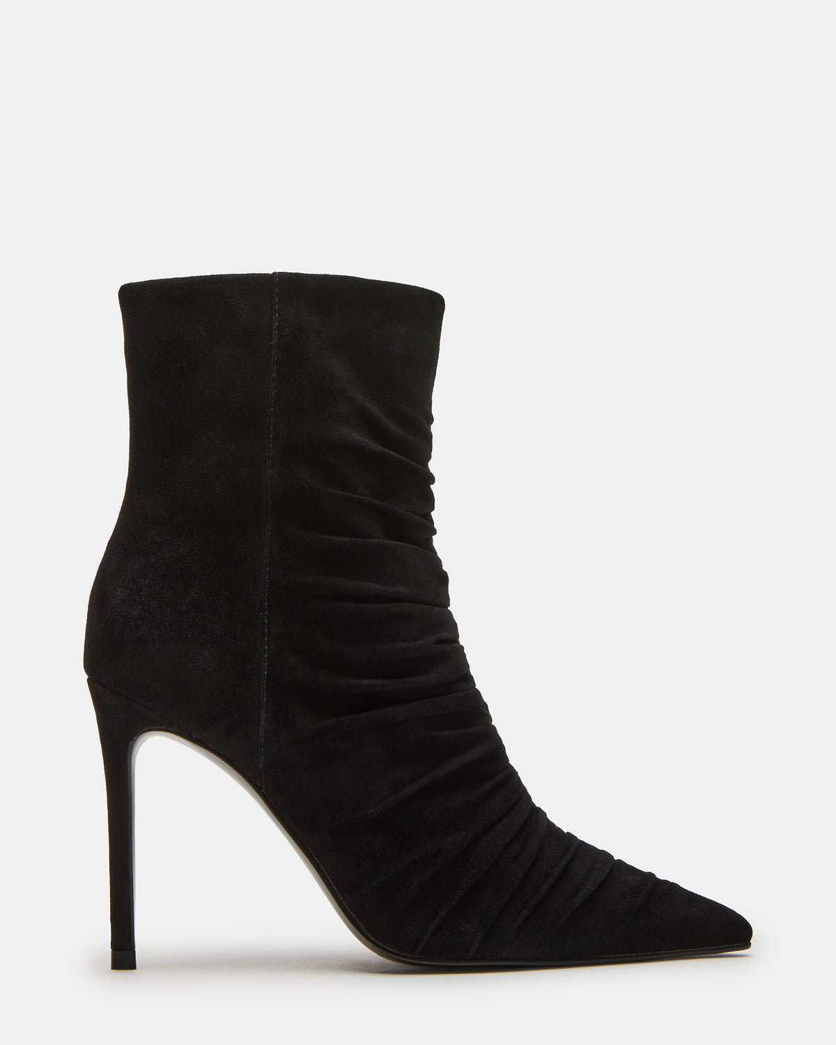 TEASE Black Suede Ruched Pointed Toe Ankle Boot | Women's Booties | Steve Madden