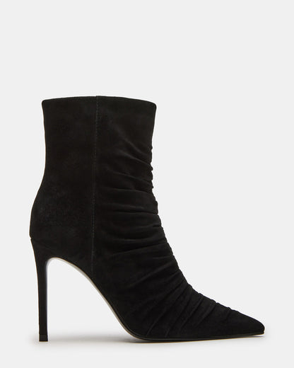 TEASE Black Suede Ruched Pointed Toe Ankle Boot | Women's Booties | Steve Madden