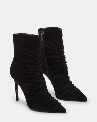 TEASE Black Suede Ruched Pointed Toe Ankle Boot | Women's Booties | Steve Madden