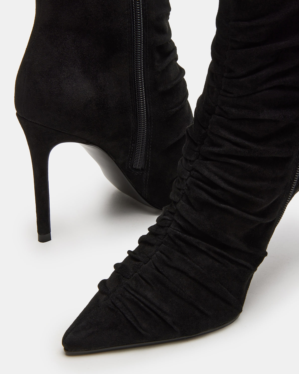 TEASE Black Suede Ruched Pointed Toe Ankle Boot | Women's Booties | Steve Madden