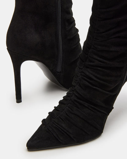 TEASE Black Suede Ruched Pointed Toe Ankle Boot | Women's Booties | Steve Madden
