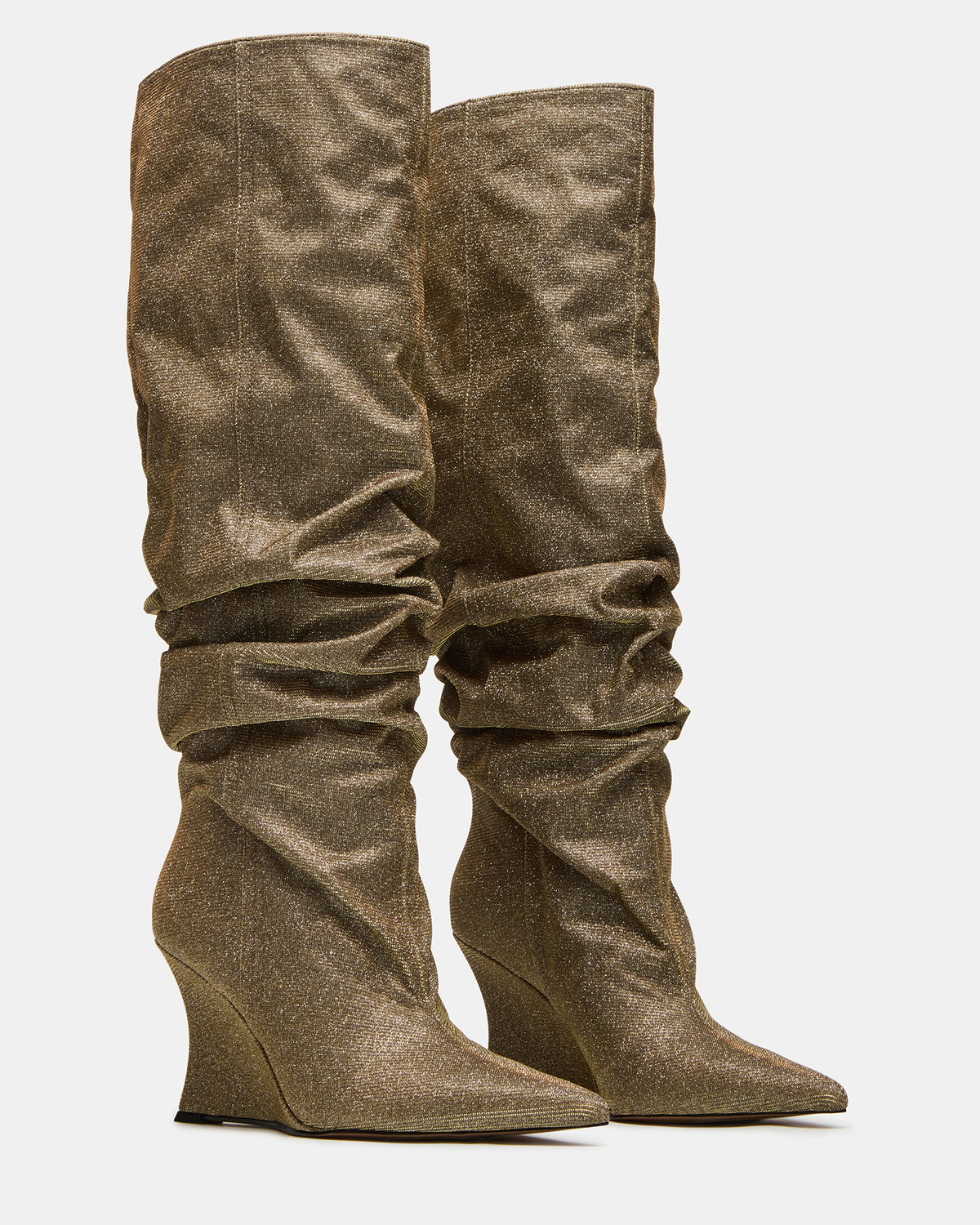 DISTORTION Gold Glitter Pointed-Toe Scrunched Knee-High Wedge Women's Boot | Steve Madden