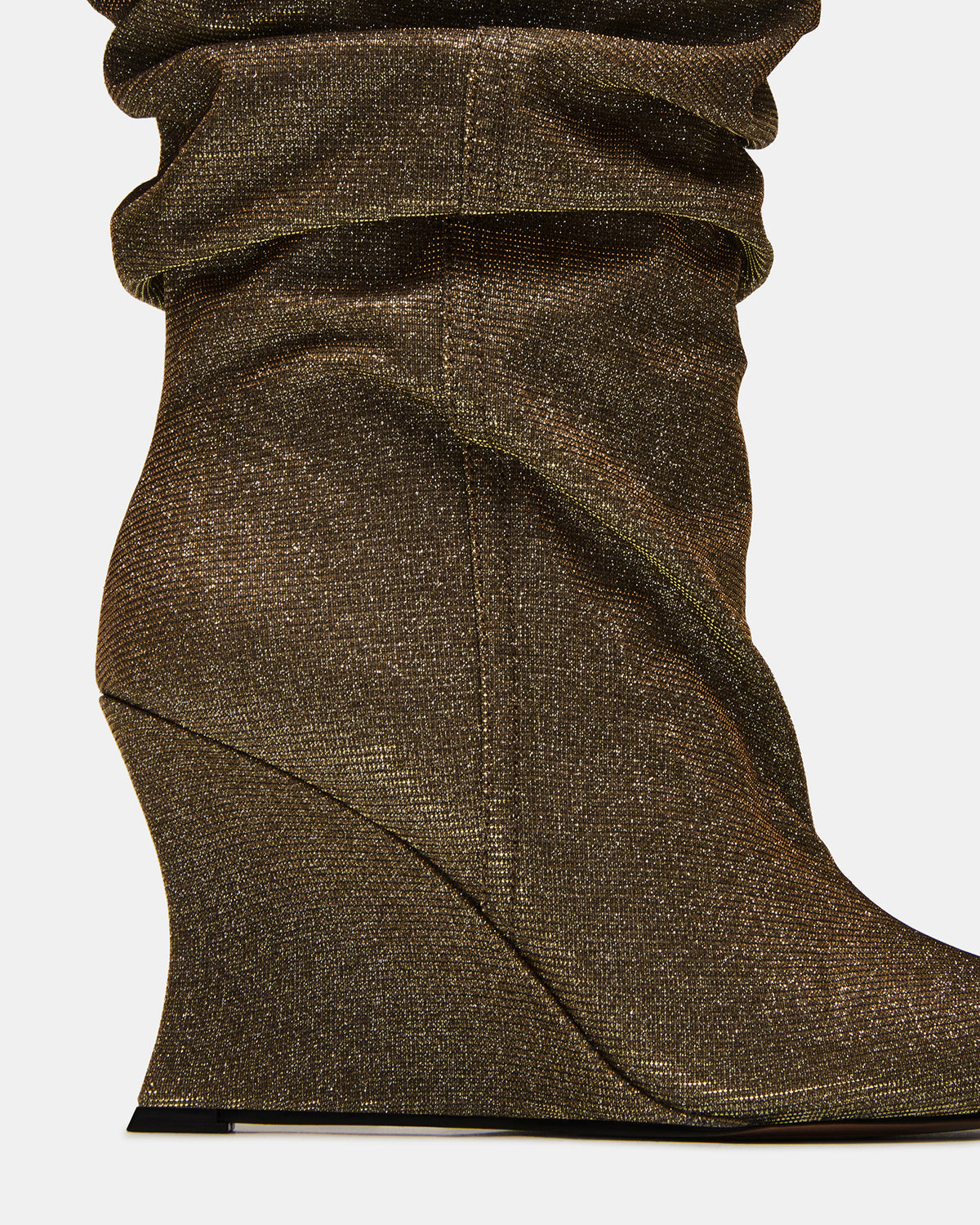 DISTORTION Gold Glitter Pointed-Toe Scrunched Knee-High Wedge Women's Boot | Steve Madden