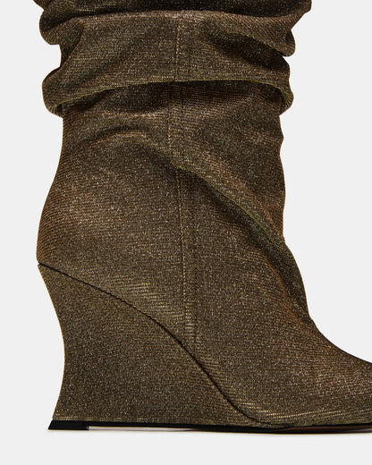 DISTORTION Gold Glitter Pointed-Toe Scrunched Knee-High Wedge Women's Boot | Steve Madden