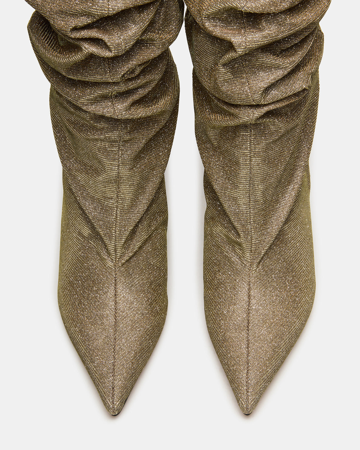 DISTORTION Gold Glitter Pointed-Toe Scrunched Knee-High Wedge Women's Boot | Steve Madden