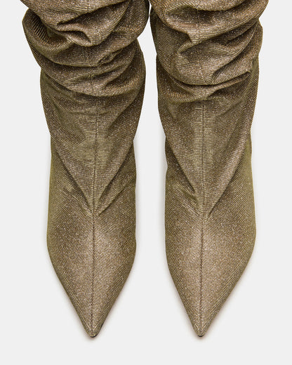 DISTORTION Gold Glitter Pointed-Toe Scrunched Knee-High Wedge Women's Boot | Steve Madden
