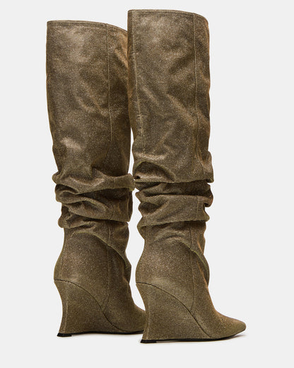 DISTORTION Gold Glitter Pointed-Toe Scrunched Knee-High Wedge Women's Boot | Steve Madden