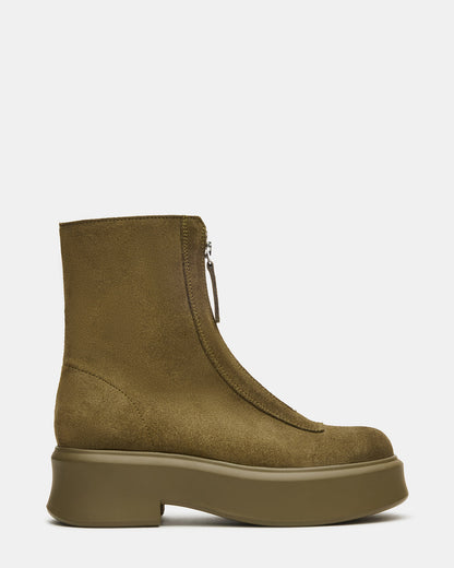 JONES Olive Suede Zipper Lug Women's Ankle Boot | Steve Madden
