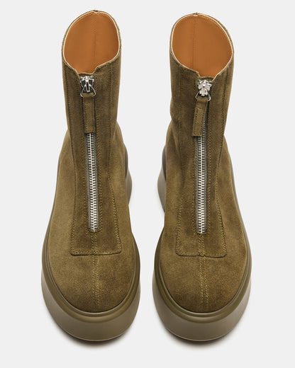 JONES Olive Suede Zipper Lug Women's Ankle Boot | Steve Madden