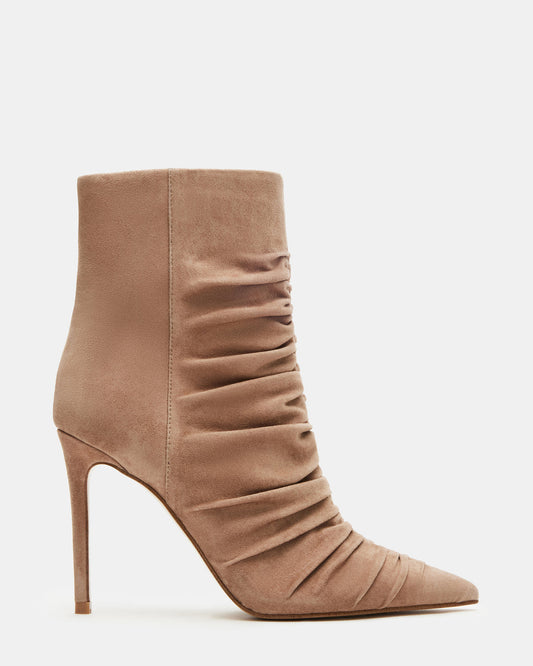 TEASE Taupe Suede Ruched Pointed Toe Ankle Boot | Women's Booties | Steve Madden